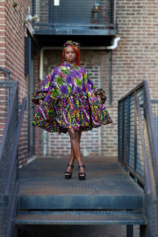 African print short A line flare dress with pockets.