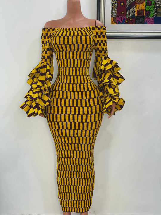 African print smoked bodycon dress with ruffles sleeves.