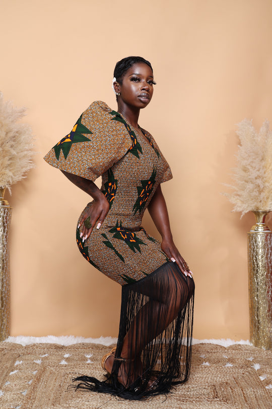 African print smoked dress with fringe.