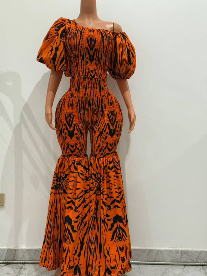 Off Shoulder African Print Stretchy Bell-Bottom Jumpsuit.