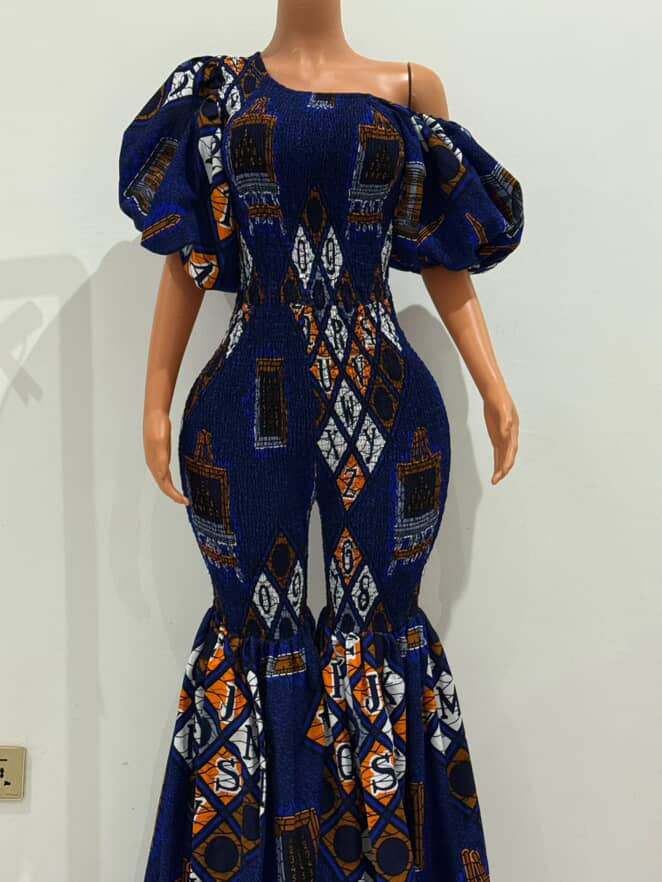 Off Shoulder African Print Stretchy Bell Bottom Jumpsuit.
