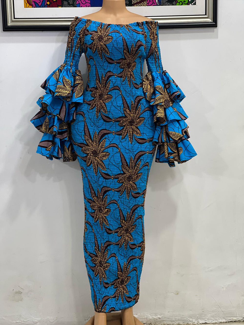 African print smoke body-con with double layers ruffles sleeves.