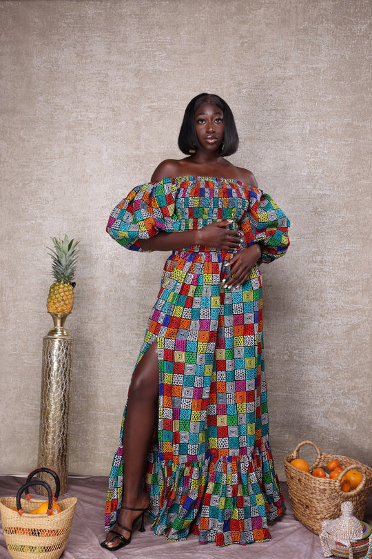 African print stretchy puffy sleeves long maxi dress.