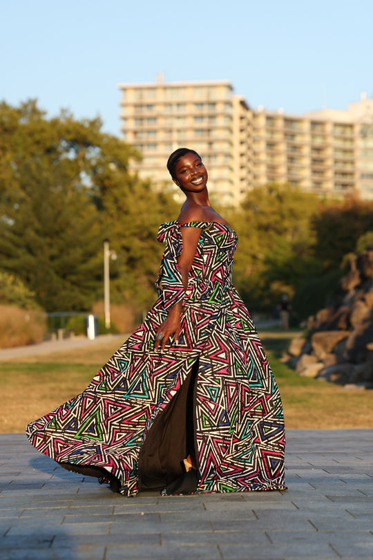 African print corset long maxi dress with tie on sleeves.