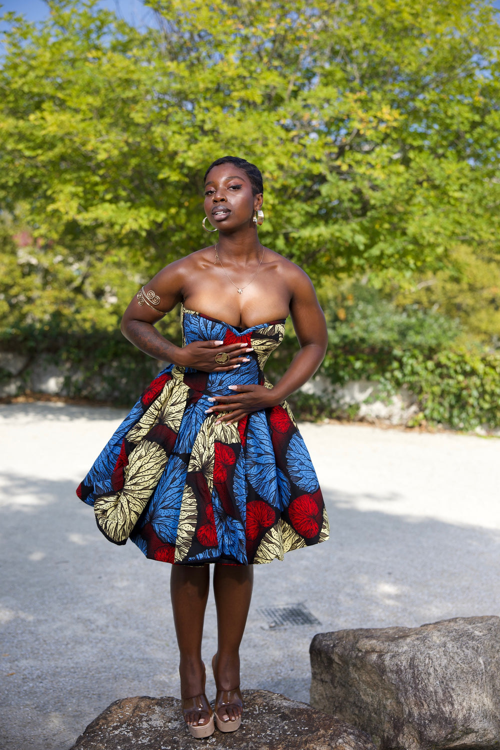 African print short corset dress with pockets.