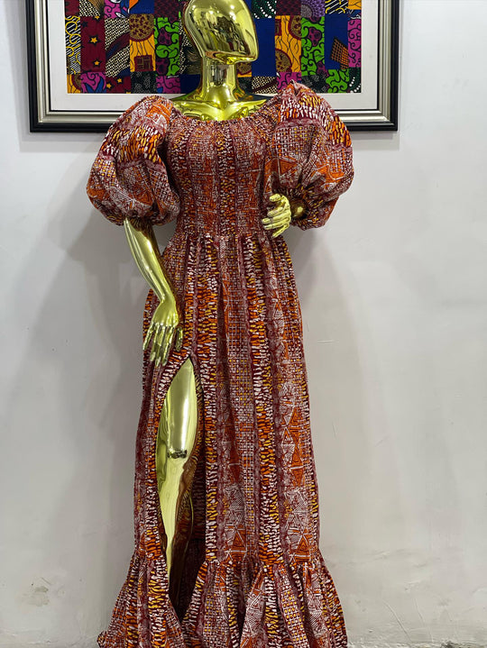 African print stretchy puffy sleeves long maxi dress