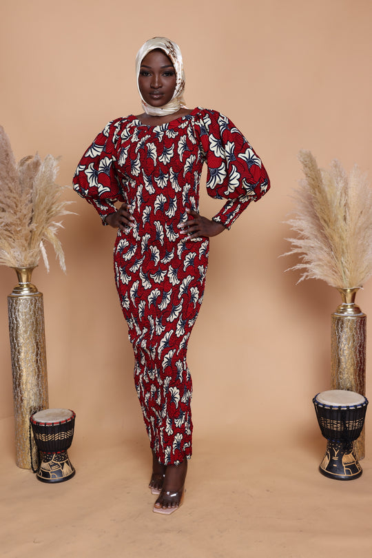 African print smoked puffy sleeves bodycon dress.