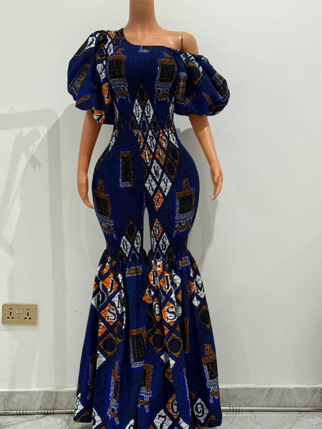 Off Shoulder African Print Stretchy Bell Bottom Jumpsuit.