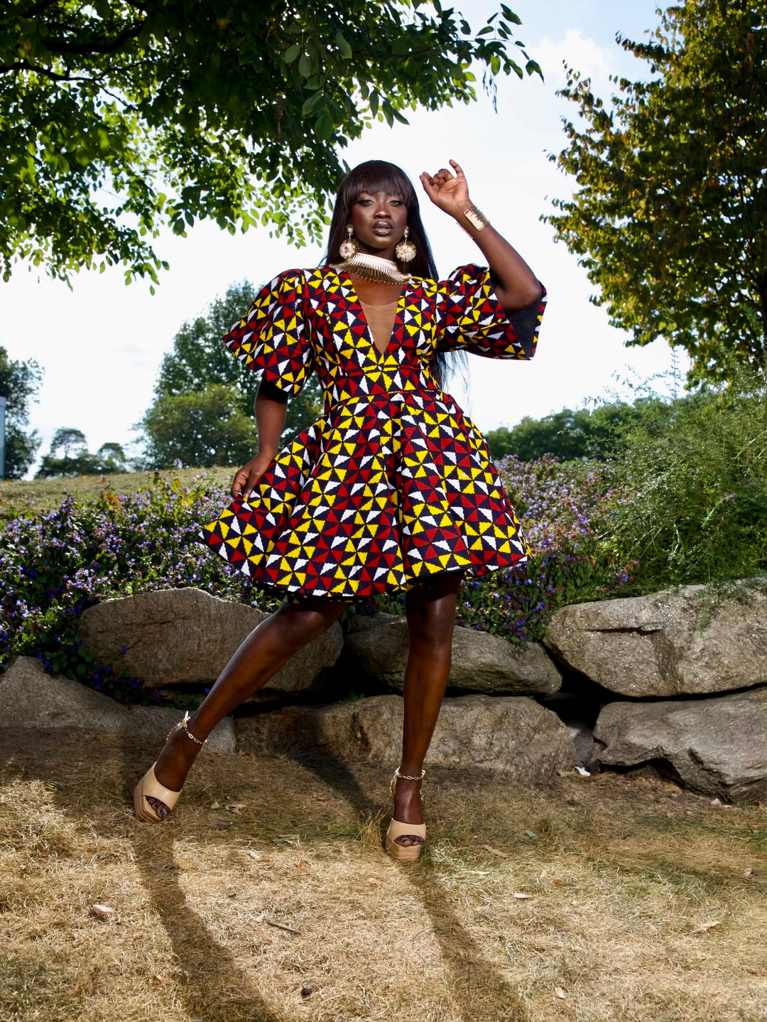 African print short peplum dress.