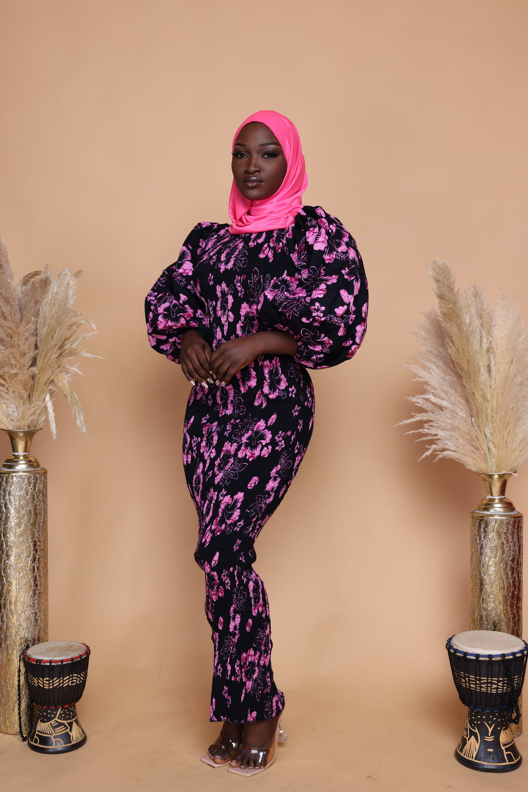 African print stretchy puff sleeve bodycon dress.