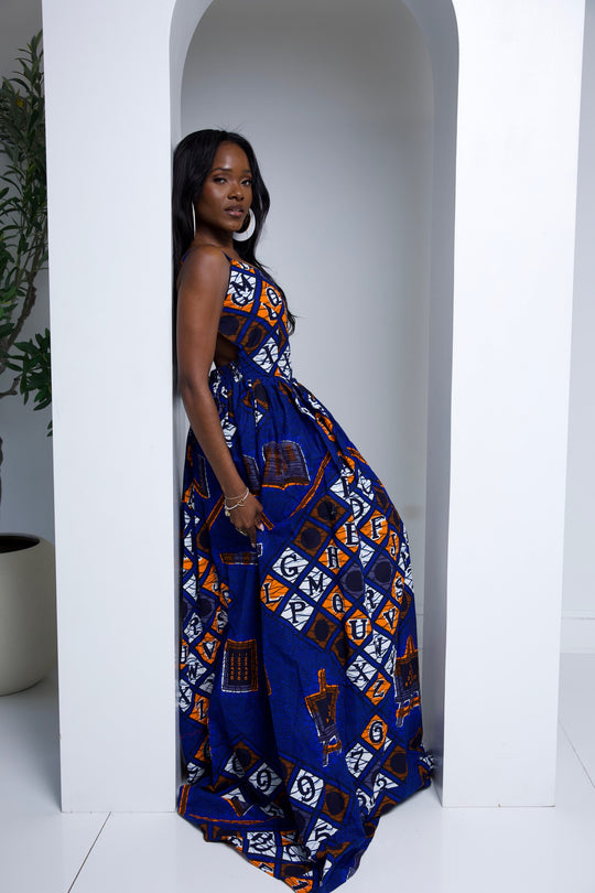 African print long maxi dress with open bareback.