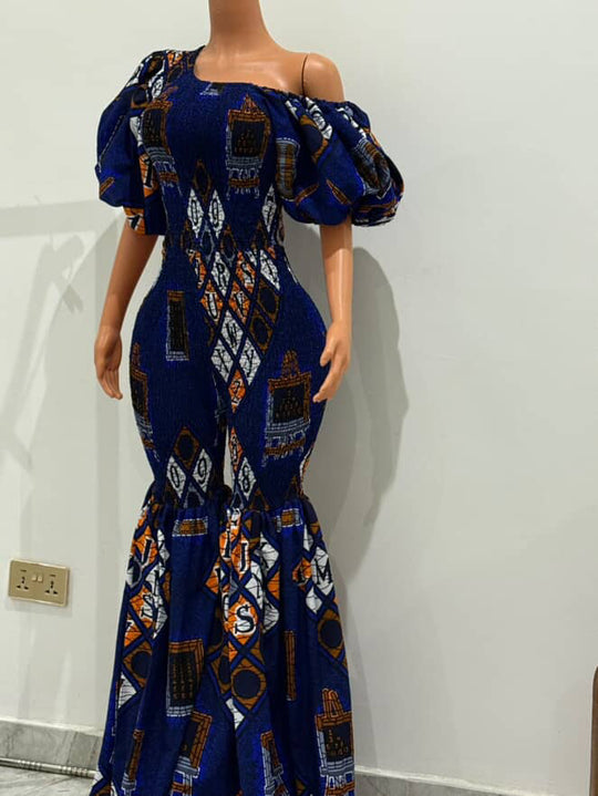 Off Shoulder African Print Stretchy Bell Bottom Jumpsuit.