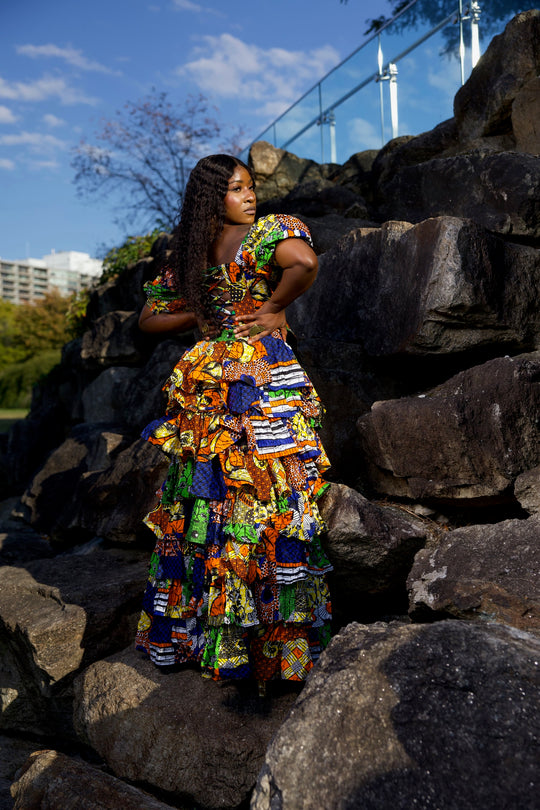 Niouma African print high waisted patches ruffled skirt set.