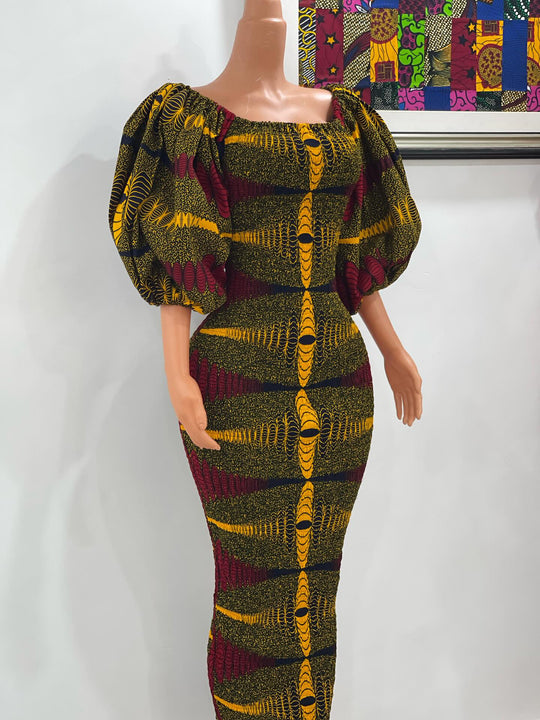 African print stretchy body-con dress with puffy sleeves