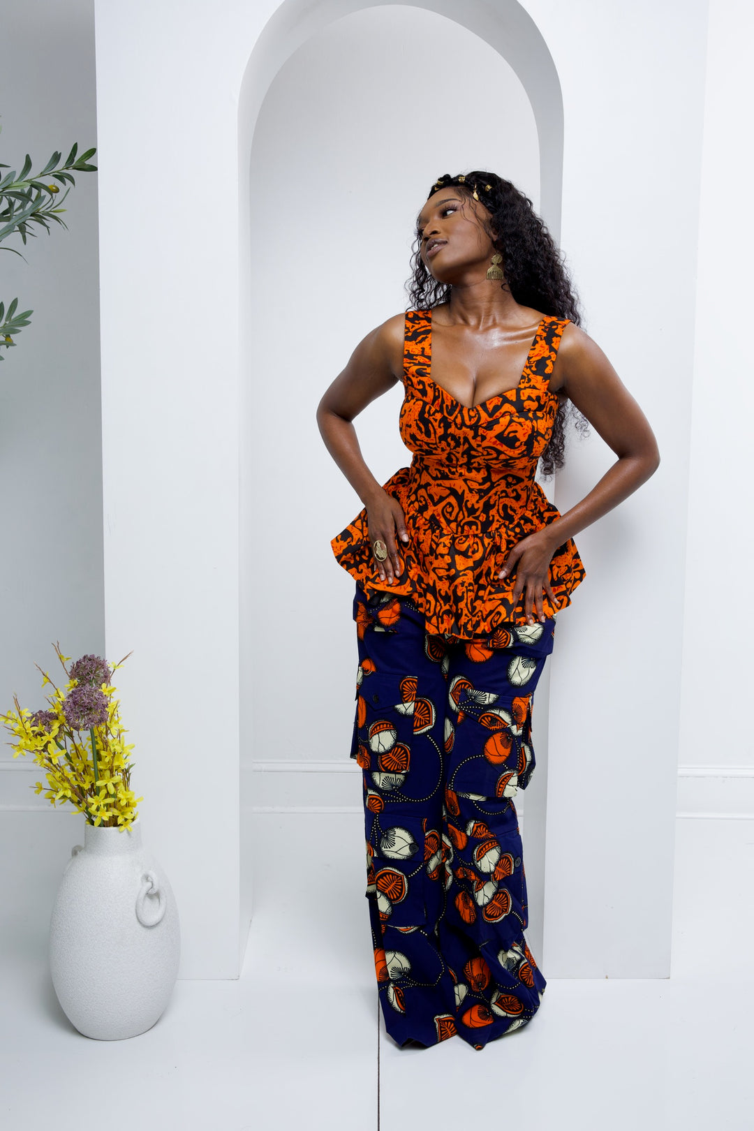 African print cargo pants with corset top. African print two pieces sets.