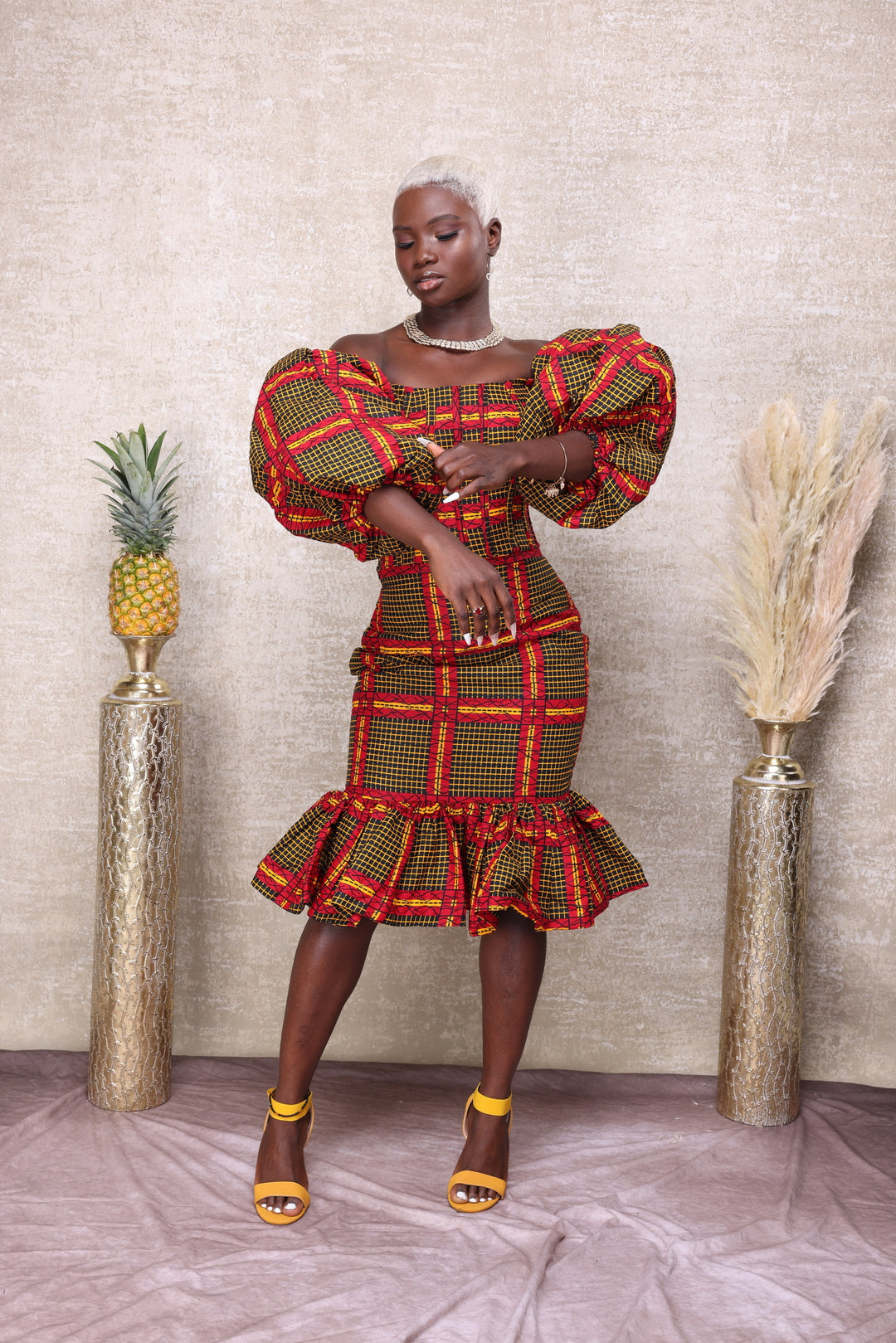 African print short corset dress.