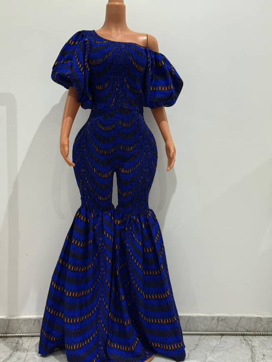 Off Shoulder African Print Stretchy Bell Bottom Jumpsuit.