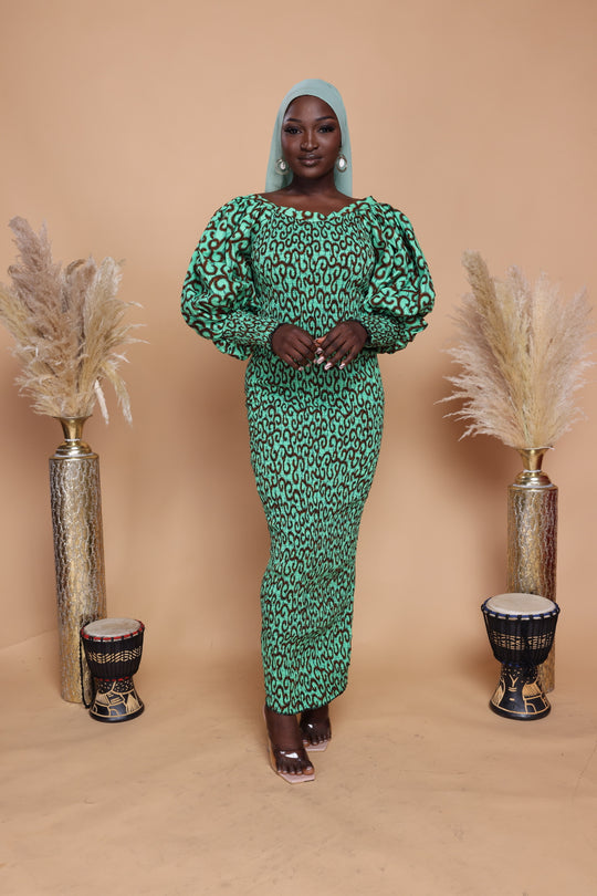 African print smoked puffy sleeves long bodycon dress.