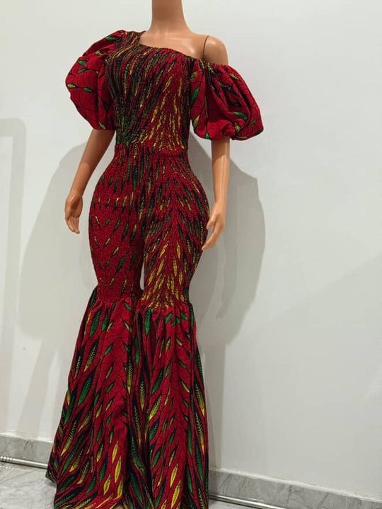 Off Shoulder African Print Stretchy Bell Bottom Jumpsuit.