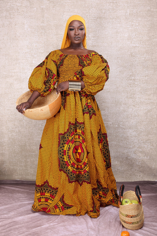 African print stretchy puffy sleeves long maxi dress.