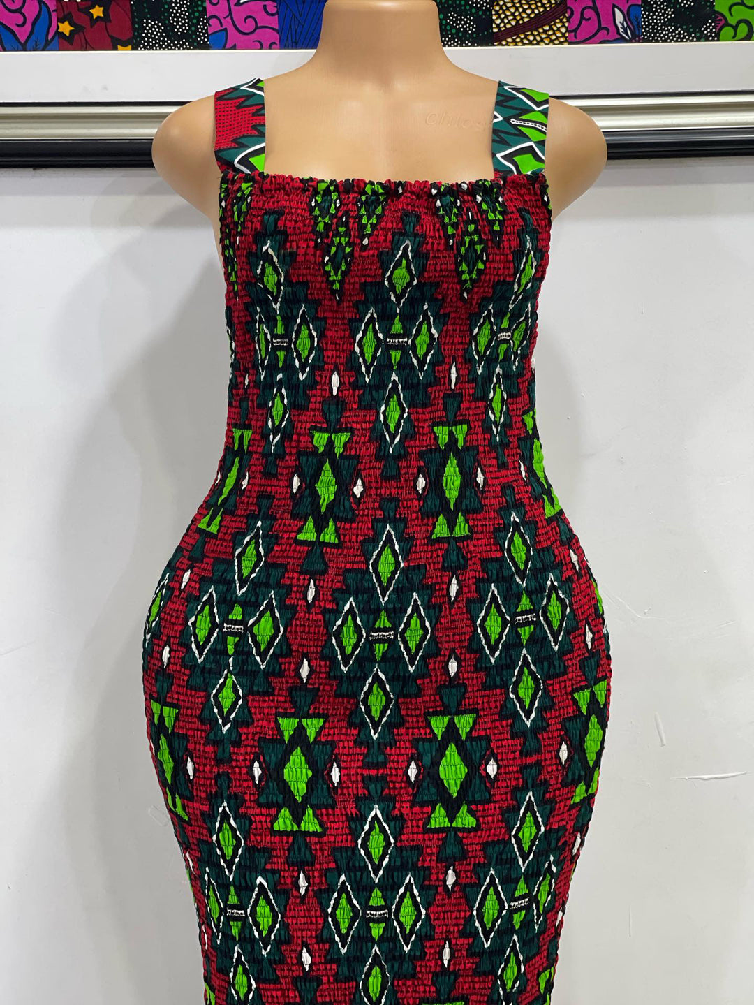 African print smoked body-con dress.