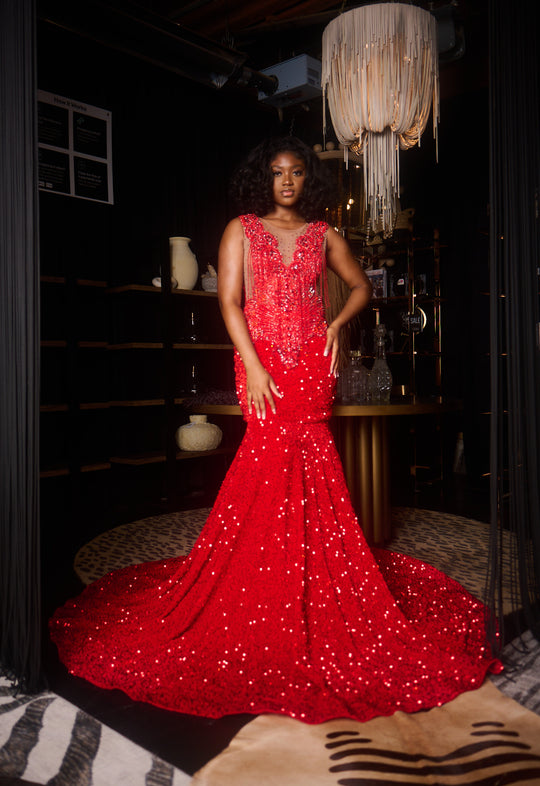 Red Velvet Sequins Prom Dress With Red Bodice Rhinestones.