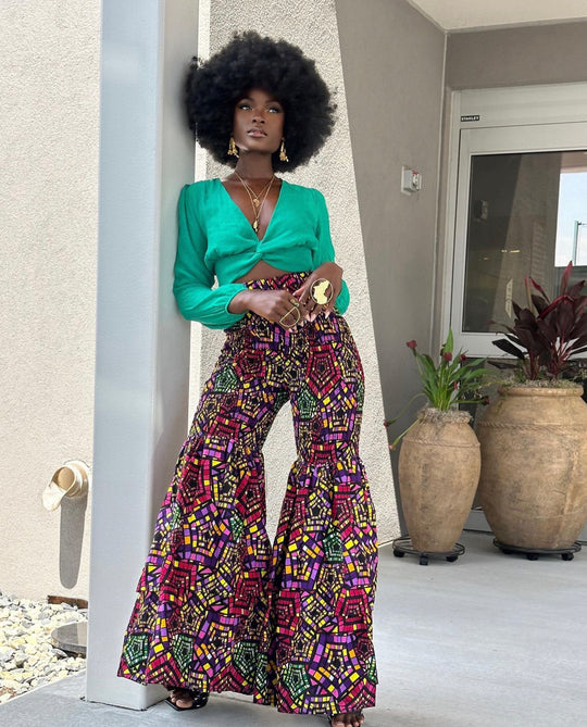 African print stretchy high waist bell bottom pants.