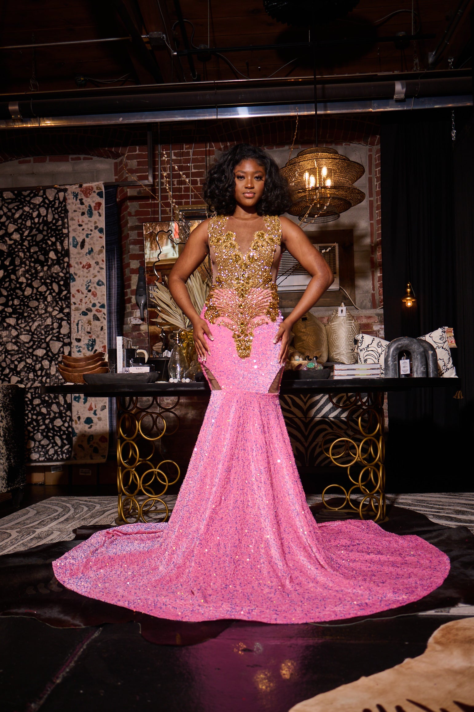 Pink Velvet Sequins Prom Dress With Gold Bodice Rhinestones