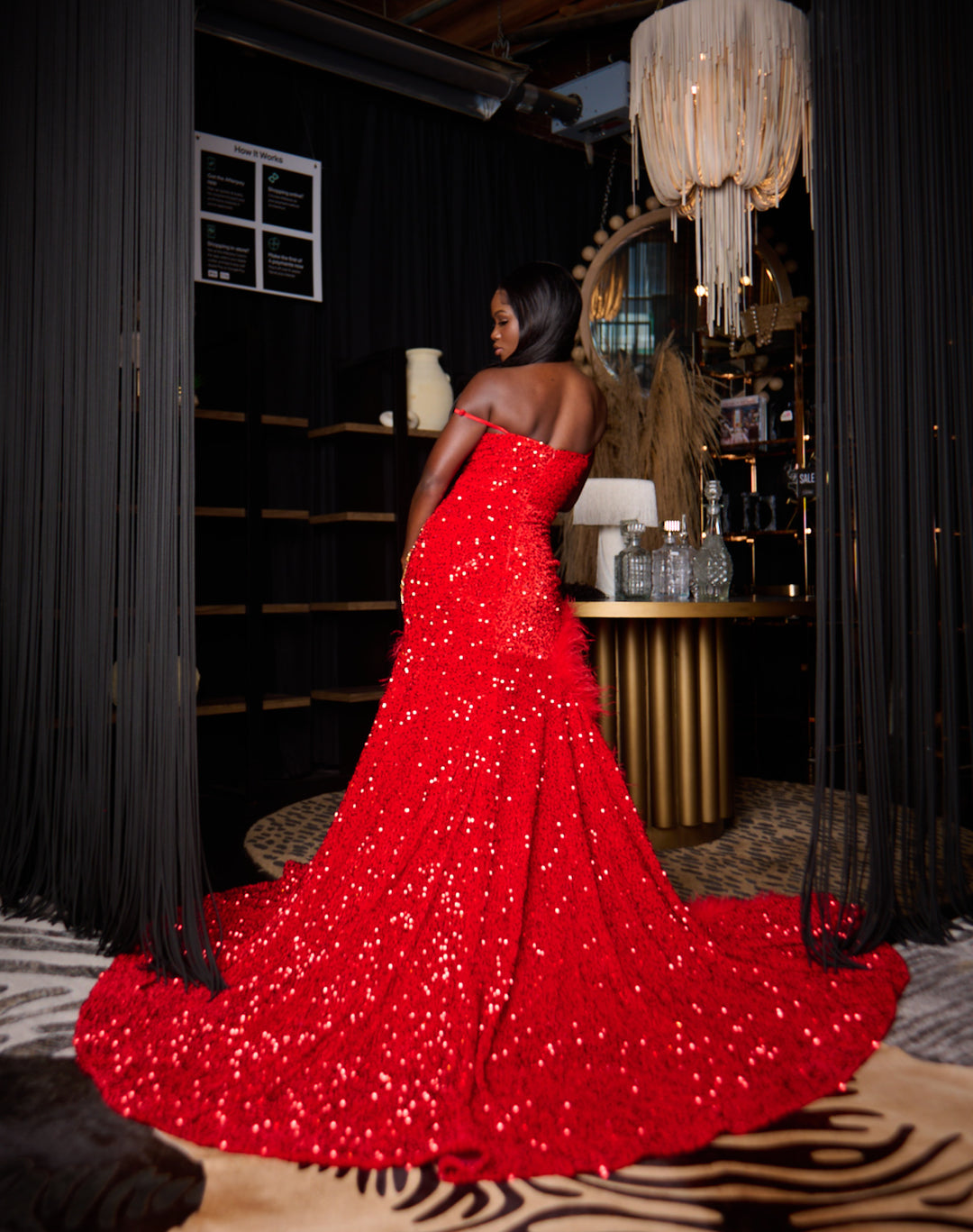 Red Velvet Sequins Prom Dress With Red Bodice Rhinestones.