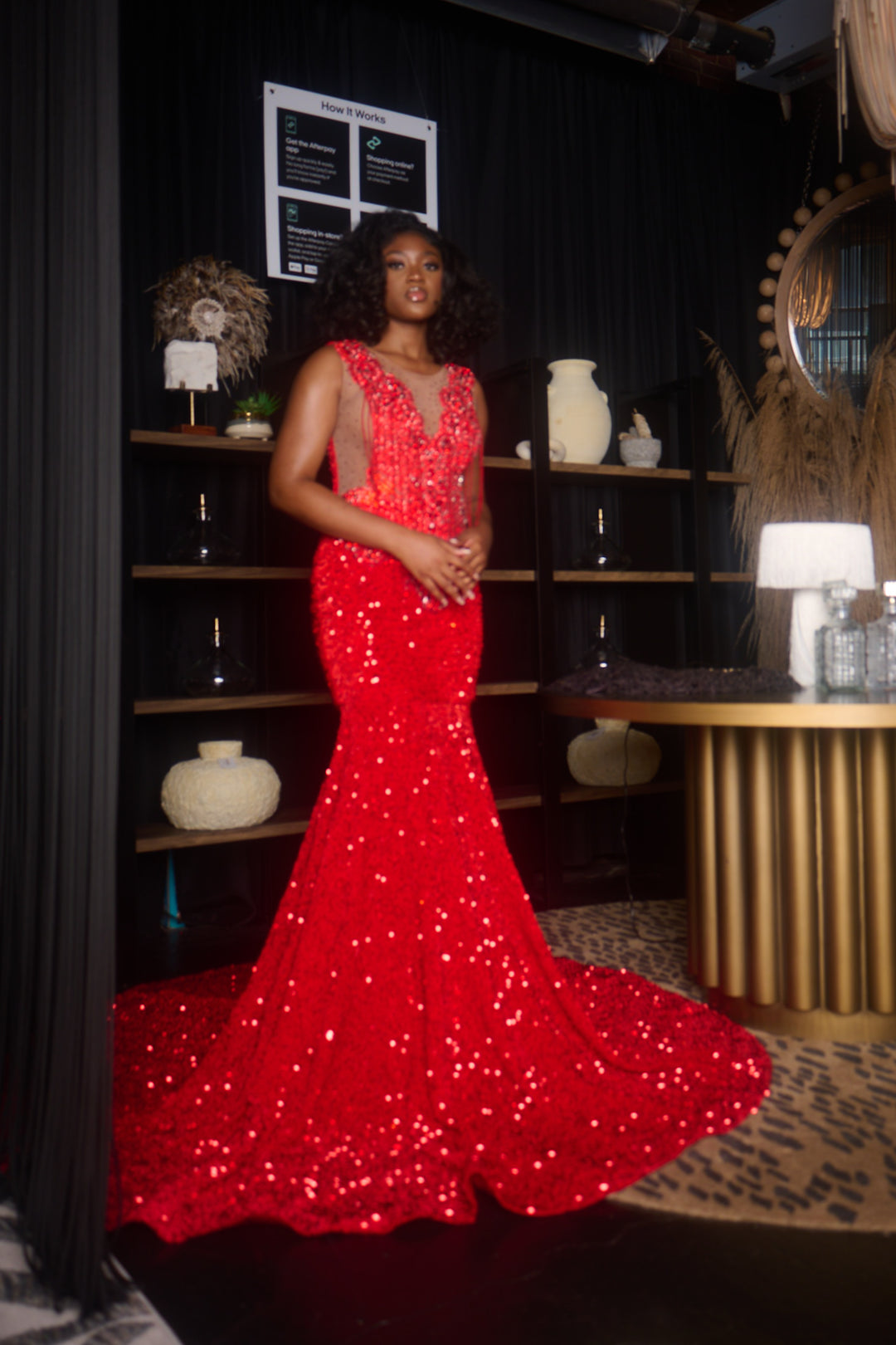 Red Velvet Sequins Prom Dress With Red Bodice Rhinestones.