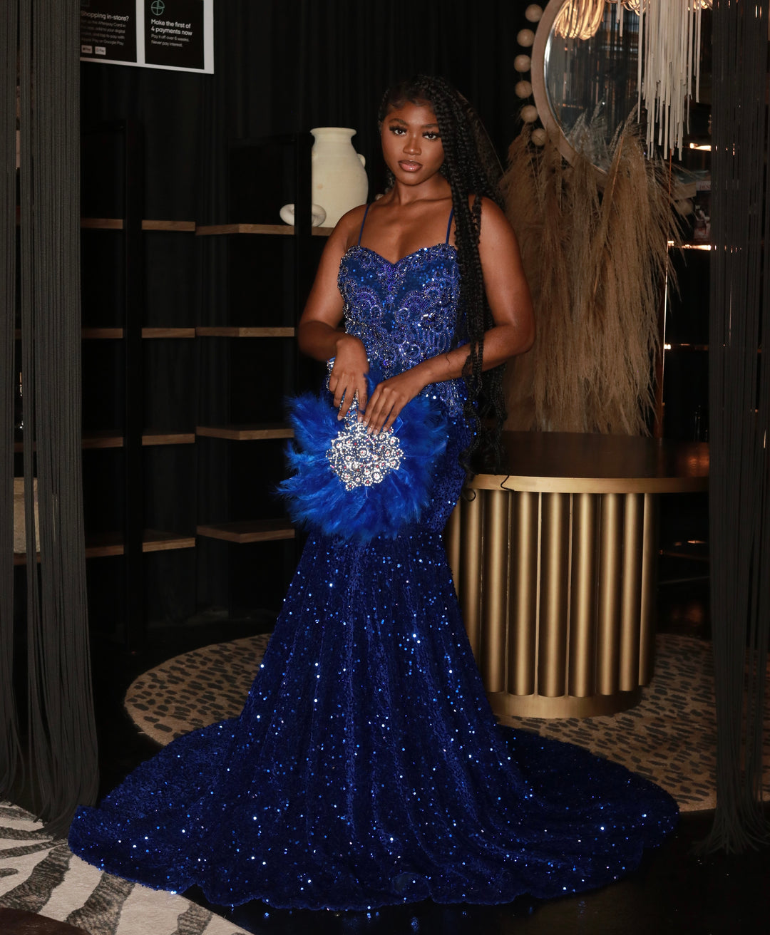 Royal blue velvet sequin prom dress with blue appliqués.💙