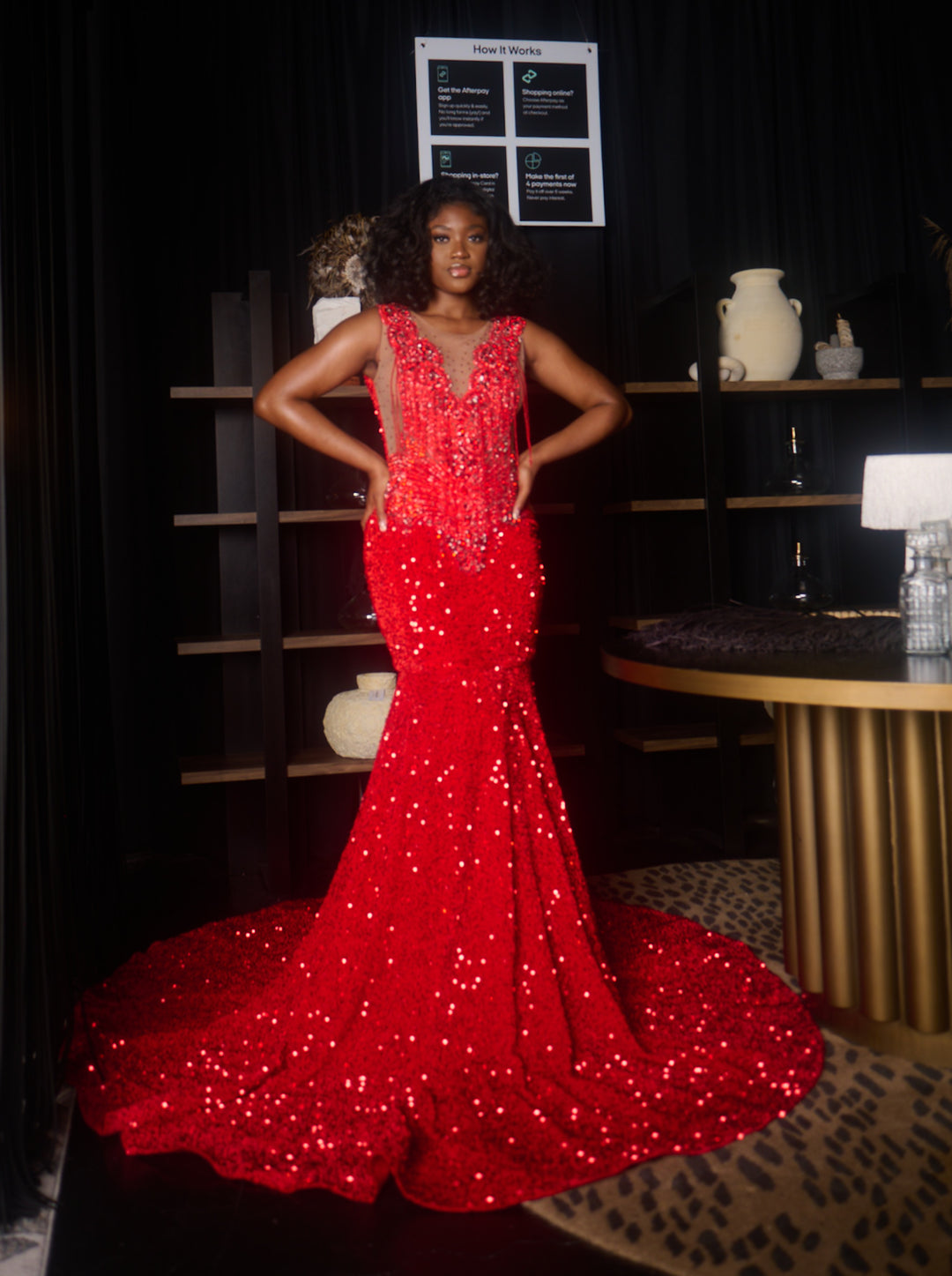 Red Velvet Sequins Prom Dress With Red Bodice Rhinestones.