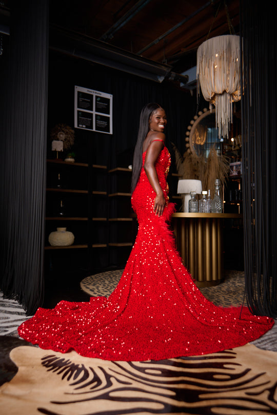 Red Velvet Sequins Prom Dress With Red Bodice Rhinestones.