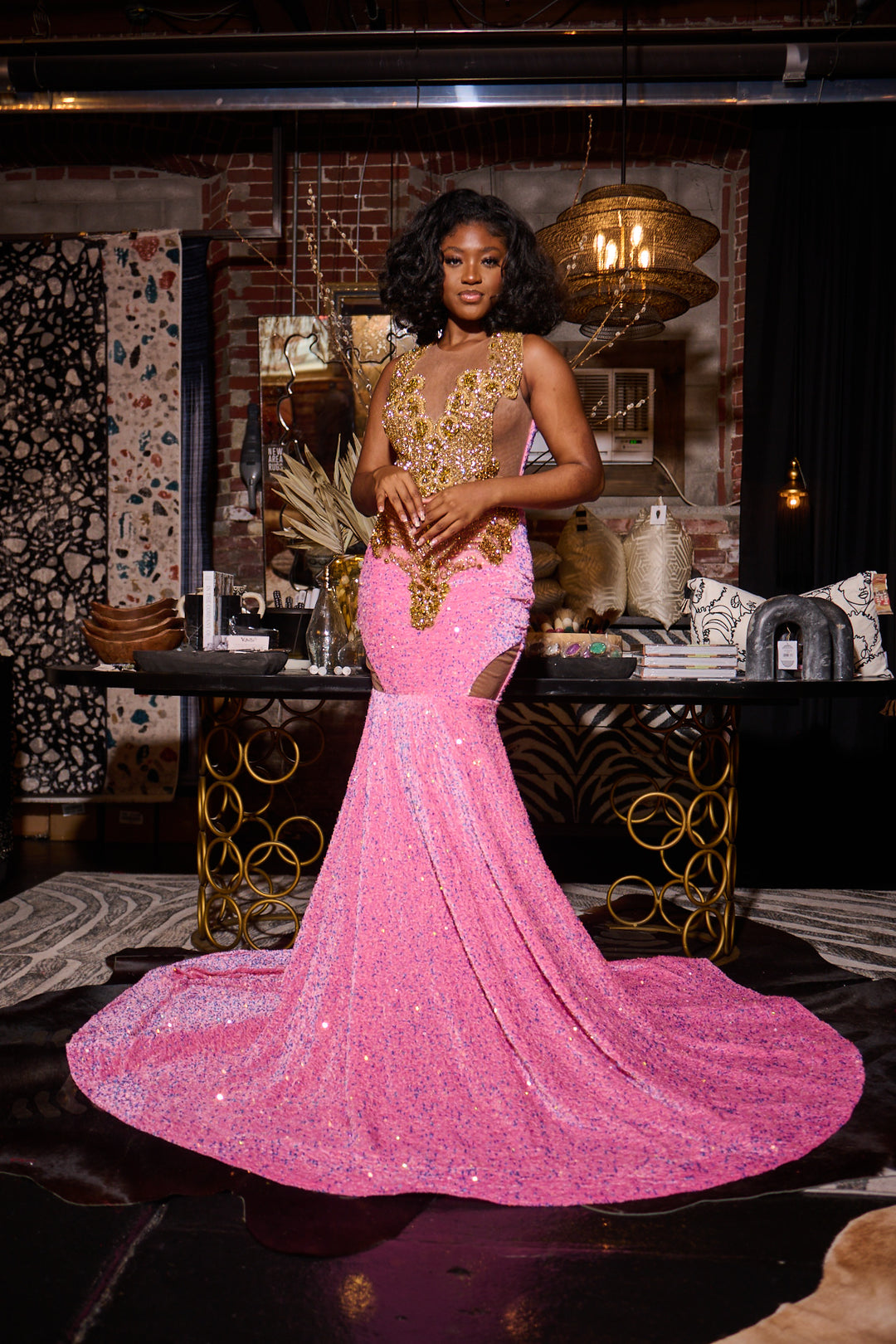 Pink Velvet Sequins Prom Dress With Gold Bodice Rhinestones.