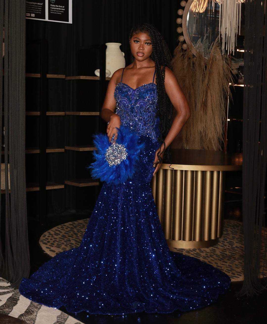 Royal blue velvet sequin prom dress with blue appliqués.💙