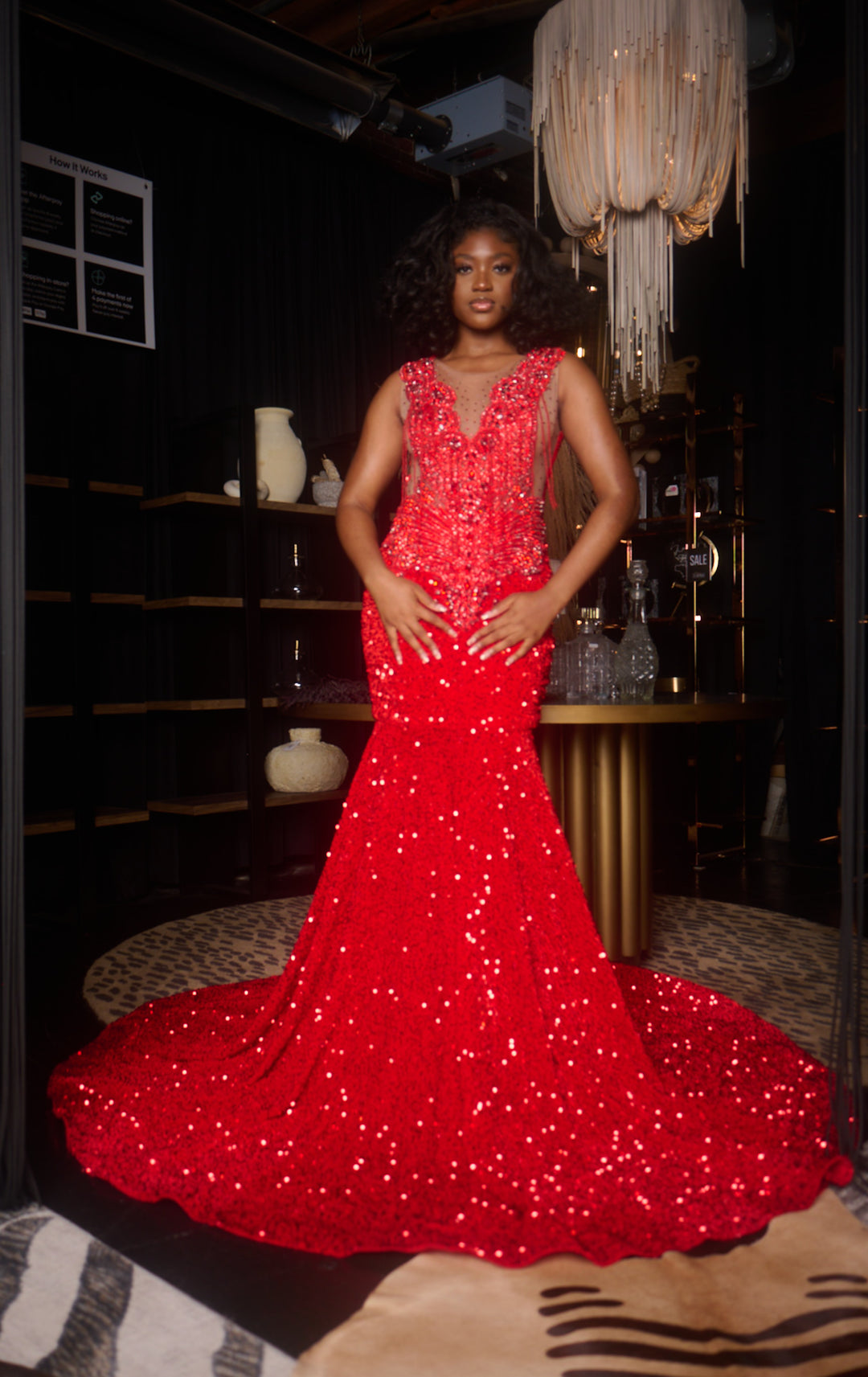 Red Velvet Sequins Prom Dress With Red Bodice Rhinestones.