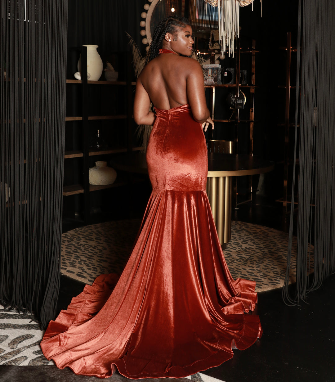 Burn orange velvet prom dress.