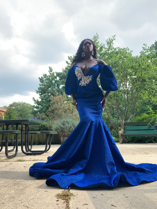 Long shimmery prom dress, off shoulder prom gown.