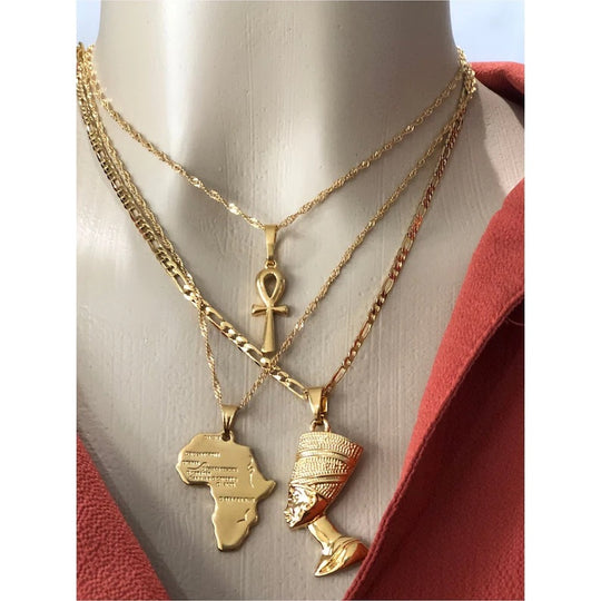 3 pieces Ankh, Nefertiti, and Africa map unisex gold necklace set.