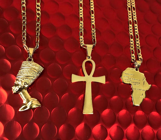 3 pieces Ankh, Nefertiti, and Africa map unisex gold necklace set.