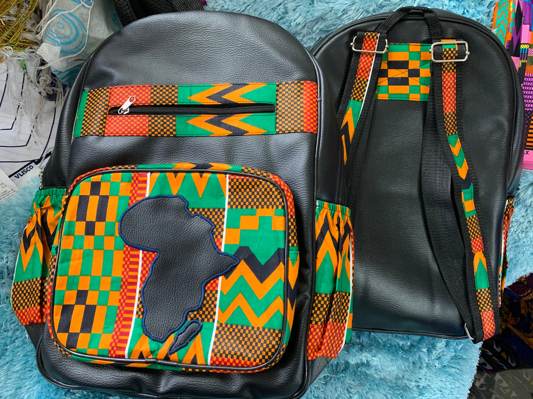 Kente Print and real leather backpack - K.D.Kollections Store