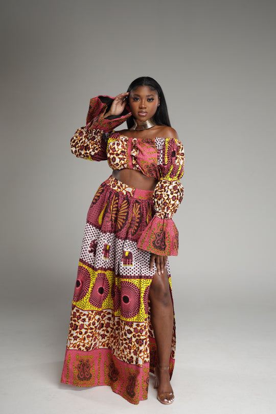 African Print Long Skirt, Long Sleeve Crop Top set.❤️‍🔥