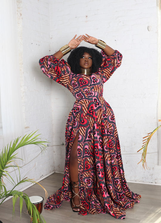 African print maxi ball gown.