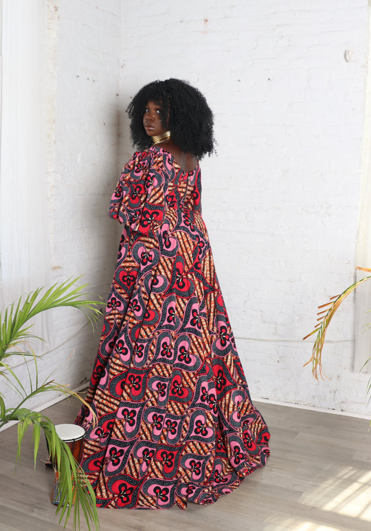 African print maxi ball gown.