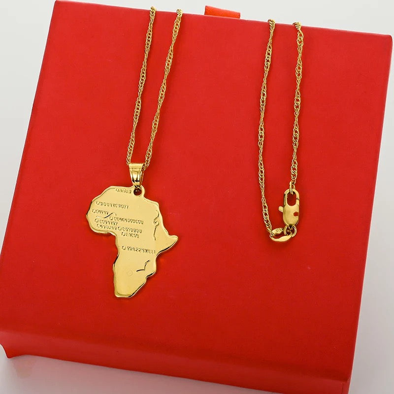 3 pieces Ankh, Nefertiti, and Africa map unisex gold necklace set.