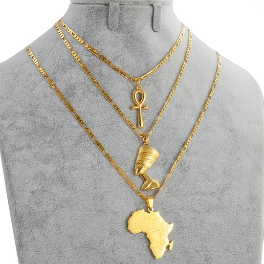 3 pieces Ankh, Nefertiti, and Africa map unisex gold necklace set.