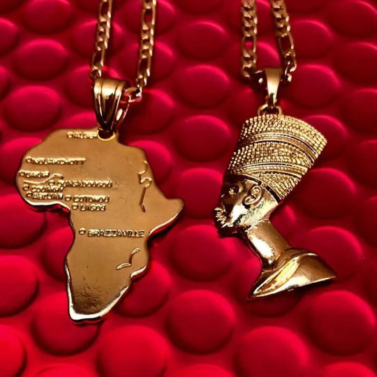 3 pieces Ankh, Nefertiti, and Africa map unisex gold necklace set.