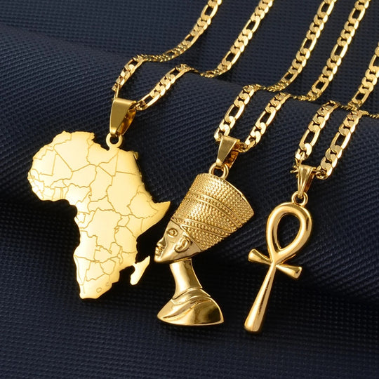 3 pieces Ankh, Nefertiti, and Africa map unisex gold necklace set.