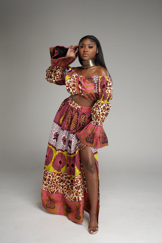 African Print Long Skirt, Long Sleeve Crop Top set.❤️‍🔥