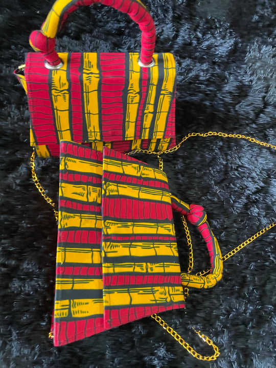 African print mini handbags.